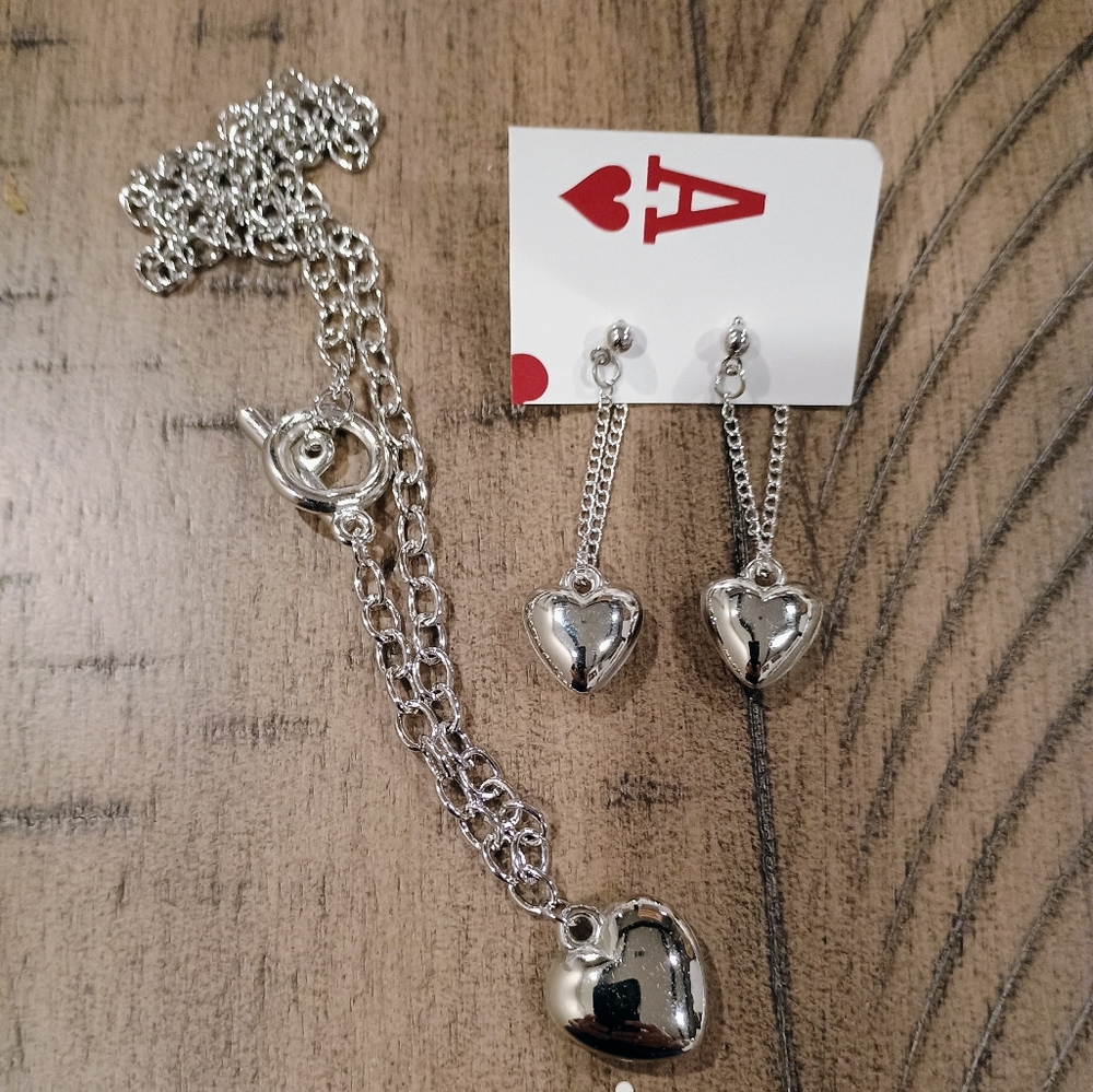 Silver Heart Necklace and Earring Set